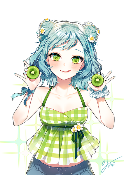 Anime picture 850x1200 with bang dream! hikawa hina kakon single tall image looking at viewer blush fringe short hair blue eyes simple background smile standing white background bare shoulders holding green eyes signed nail polish hair flower