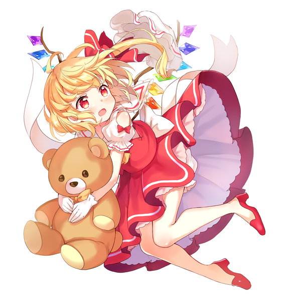 Anime picture 1200x1281 with touhou flandre scarlet paragasu (parags112) single tall image blush short hair open mouth simple background blonde hair red eyes white background holding looking away full body puffy sleeves one side up hat removed headwear removed girl