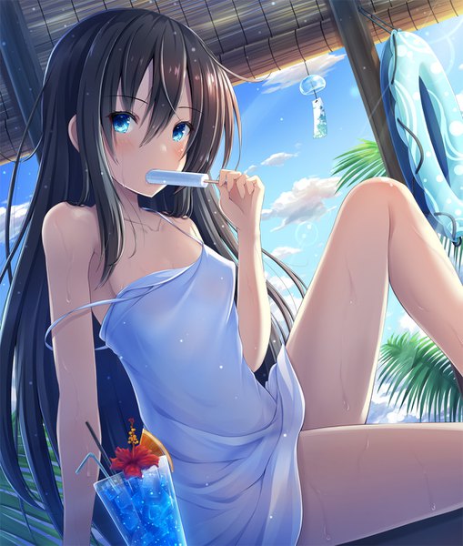 Anime picture 1200x1414 with original akashio (loli ace) single long hair tall image looking at viewer blush fringe breasts blue eyes light erotic black hair hair between eyes sitting holding payot sky cloud (clouds) outdoors sunlight