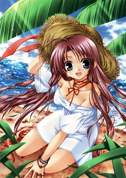 Anime picture 4754x6717 with original minase lin long hair tall image looking at viewer blush highres open mouth blue eyes brown hair sitting bare shoulders absurdres ahoge girl hat bracelet sea ring sundress