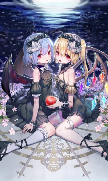 Anime picture 2736x4584 with touhou flandre scarlet remilia scarlet bunuojiang tall image looking at viewer highres short hair open mouth blonde hair smile red eyes sitting multiple girls blue hair pointy ears sleeveless wariza lolicon bat wings