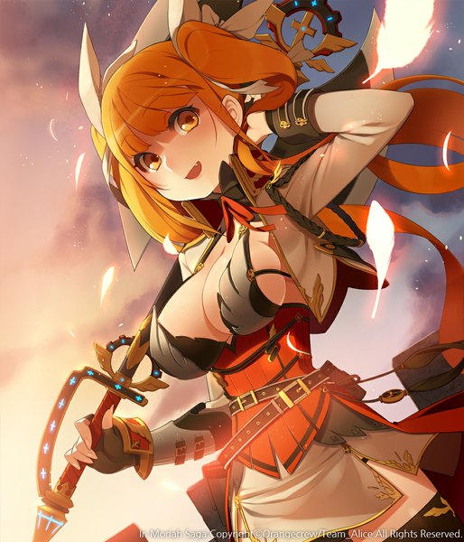 Anime picture 1000x1167 with original ssberit single long hair tall image blush breasts open mouth light erotic large breasts orange hair orange eyes girl weapon sword feather (feathers)