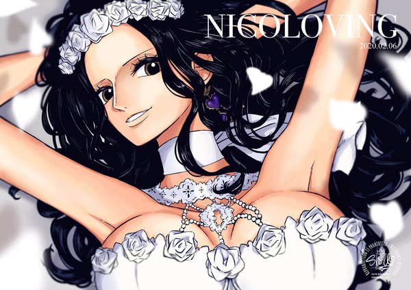 Anime-Bild 2048x1448 mit one piece toei animation nico robin sherumaru (korcht06) single long hair looking at viewer highres breasts light erotic black hair smile large breasts brown eyes signed upper body parted lips hair flower blurry arms up