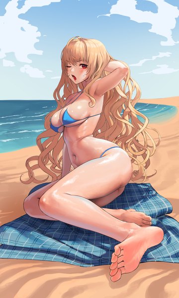 Anime picture 1500x2500 with destiny child metis (destiny child) zig90 single long hair tall image looking at viewer blush fringe breasts open mouth light erotic blonde hair hair between eyes red eyes large breasts sitting payot sky cloud (clouds)