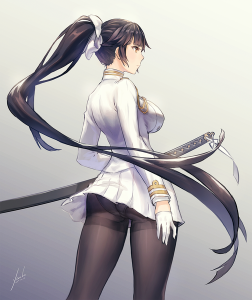 Anime picture 1460x1737 with azur lane takao (azur lane) anbe yoshirou single tall image fringe breasts light erotic black hair simple background large breasts standing holding brown eyes signed looking away ponytail very long hair profile gradient background