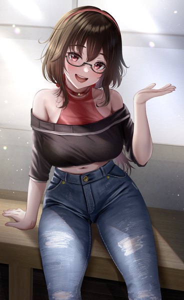Anime-Bild 2462x4010 mit original nori chazuke single long hair tall image looking at viewer blush fringe highres breasts open mouth smile hair between eyes red eyes brown hair large breasts sitting indoors head tilt arm up