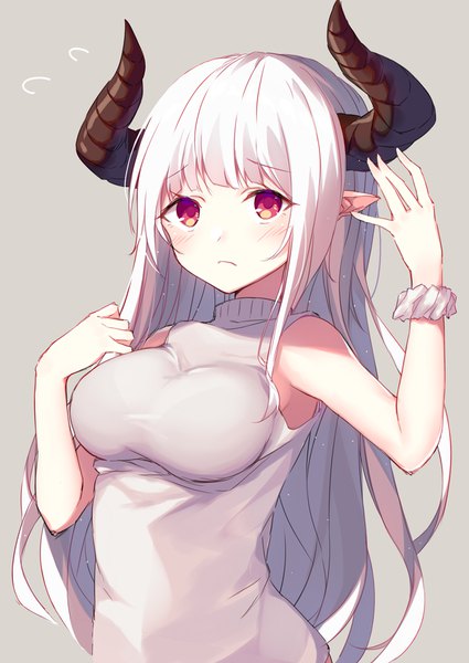 Anime picture 765x1080 with original tsuzaki tsunomi single long hair tall image looking at viewer blush fringe breasts simple background red eyes standing payot upper body white hair blunt bangs horn (horns) pointy ears grey background wrist scrunchie