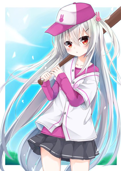 Anime picture 579x819 with original moe2017 siroyuki single tall image looking at viewer blush fringe hair between eyes red eyes standing holding sky outdoors white hair long sleeves very long hair parted lips pleated skirt blurry