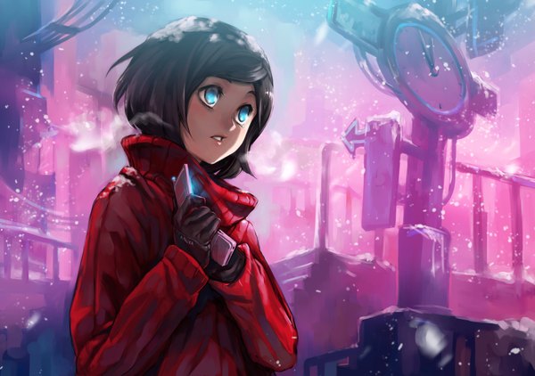 Anime picture 3519x2480 with original asuka111 single highres short hair blue eyes black hair parted lips glowing snowing winter glowing eye (eyes) girl sweater clock mobile phone phone