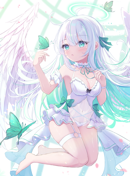 Anime picture 997x1345 with original mikaze oto single long hair tall image breasts light erotic looking away full body white hair multicolored hair barefoot aqua eyes green hair bare legs covered navel colored inner hair flying angel wings angel