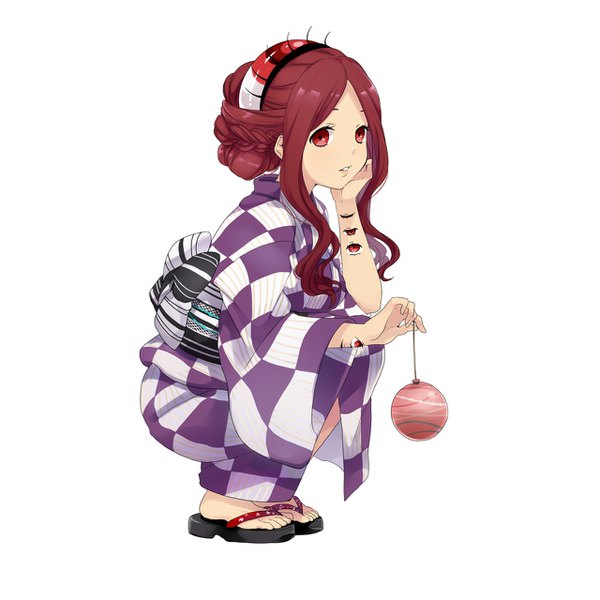 Anime picture 1280x1280 with youkai hyakki-tan! mokumokuren single long hair looking at viewer simple background red eyes white background holding payot full body red hair braid (braids) traditional clothes parted lips japanese clothes wide sleeves official art squat checkered