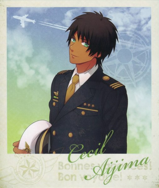 Anime picture 863x1024 with uta no prince-sama a-1 pictures aijima cecil single tall image looking at viewer short hair smile brown hair green eyes sky cloud (clouds) dark skin framed hat removed boy uniform hat shirt necktie