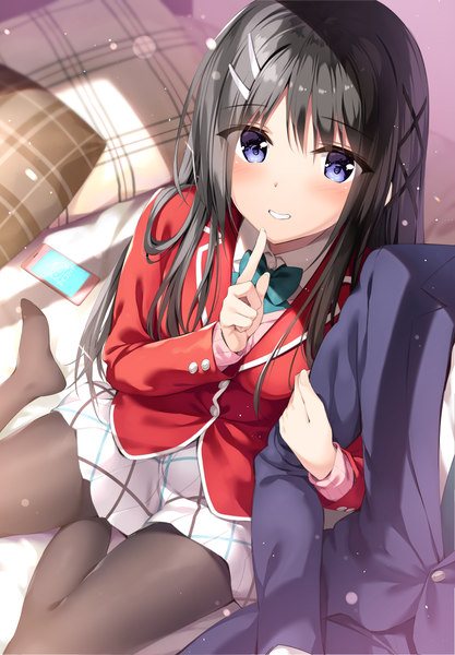 Anime picture 767x1104 with original oryou long hair tall image looking at viewer blush blue eyes black hair smile sitting parted lips from above no shoes finger to mouth solo focus head out of frame yokozuwari plaid dust girl