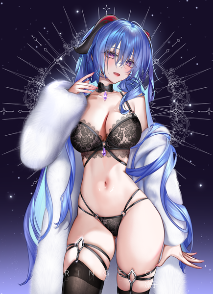 Anime-Bild 4000x5515 mit genshin impact ganyu (genshin impact) ringeko-chan single long hair tall image looking at viewer fringe highres breasts open mouth light erotic simple background hair between eyes large breasts standing purple eyes signed blue hair absurdres