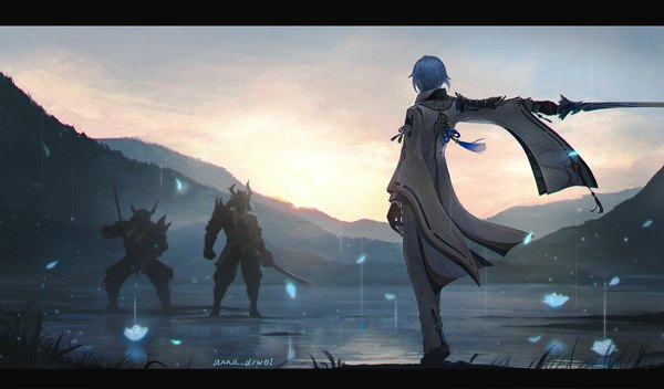Anime picture 1839x1080 with genshin impact kamisato ayato anna (drw01) highres short hair wide image signed blue hair sky full body outdoors from behind multiple boys outstretched arm letterboxed mountain morning sunrise boy gloves