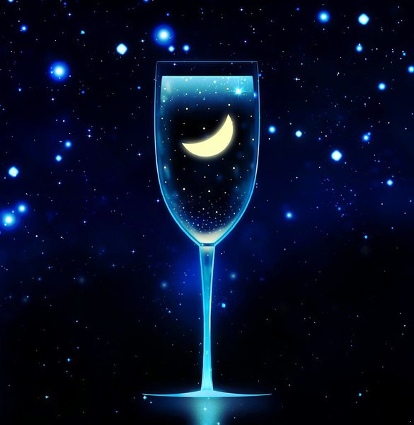 Anime picture 1000x1026 with original harada miyuki tall image night night sky no people glow crescent water moon star (stars) wine glass