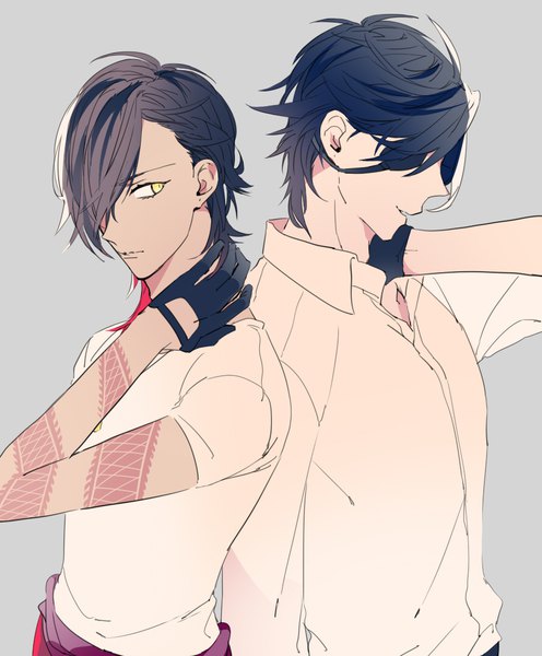 Anime picture 888x1074 with touken ranbu nitroplus ookurikara shokudaikiri mitsutada syubare tall image fringe short hair black hair simple background yellow eyes looking away profile hair over one eye grey background multiple boys tattoo back to back arm around neck boy