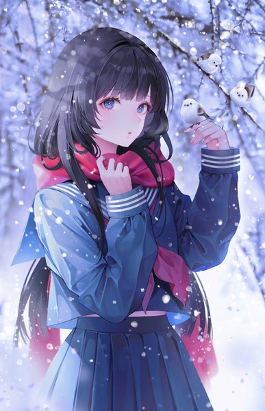 Anime picture 4849x7525 with original chomong single long hair tall image looking at viewer fringe highres blue eyes black hair standing absurdres outdoors blunt bangs long sleeves parted lips pleated skirt arms up snowing winter