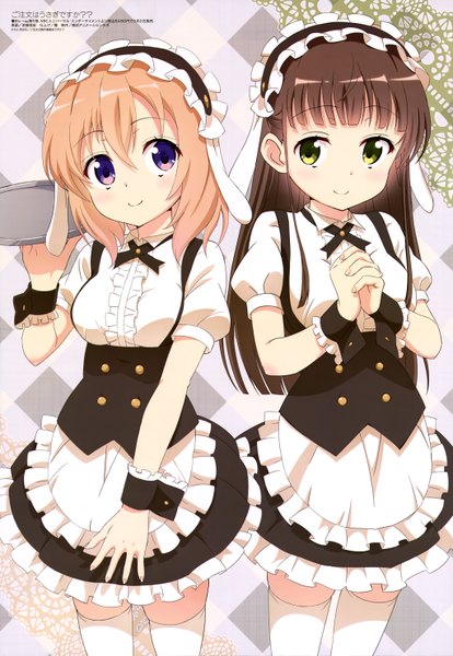 Anime picture 4088x5924 with gochuumon wa usagi desu ka? white fox megami magazine kirima sharo ujimatsu chiya long hair tall image looking at viewer highres black hair blonde hair smile purple eyes multiple girls green eyes absurdres official art maid girl thighhighs