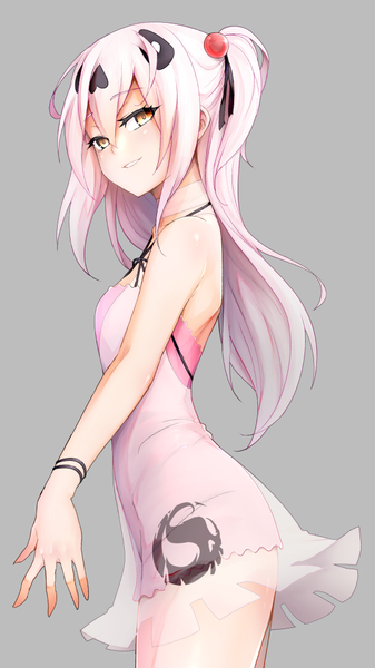 Anime picture 600x1067 with original nishino (waero) single long hair tall image looking at viewer blush fringe simple background smile hair between eyes standing bare shoulders yellow eyes payot pink hair parted lips grey background tattoo two side up
