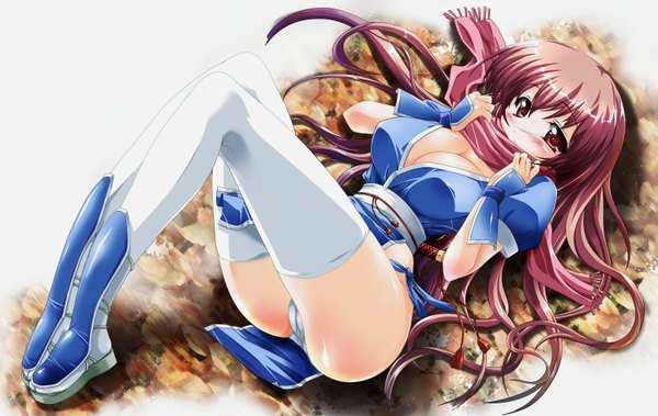 Anime picture 1551x980 with dead or alive kasumi (doa) single long hair looking at viewer blush breasts light erotic red eyes brown hair large breasts cleavage lying from above on back embarrassed cameltoe girl thighhighs underwear
