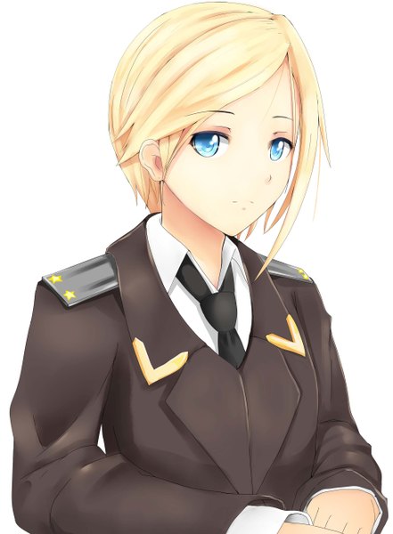 Anime picture 1954x2660 with real life natalia poklonskaya chiyo goya single tall image looking at viewer highres short hair blue eyes simple background blonde hair white background girl uniform necktie