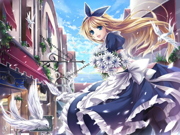 Anime picture 1280x960 with alice in wonderland alice (wonderland) hagiwara rin long hair looking at viewer open mouth blue eyes blonde hair sky cloud (clouds) maid city happy girl flower (flowers) animal petals sea bird (birds) building (buildings)