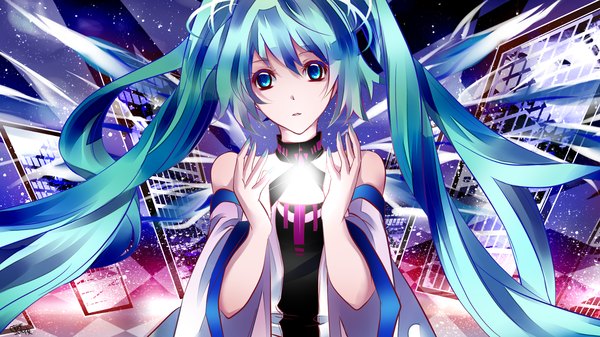 Anime picture 1500x843 with vocaloid hatsune miku tyouya single long hair wide image standing twintails bare shoulders aqua eyes aqua hair girl detached sleeves
