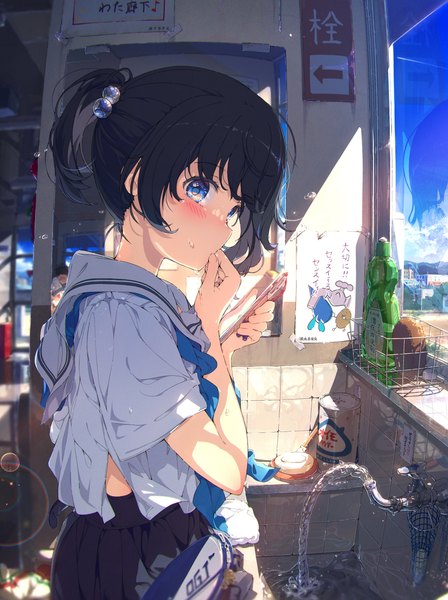 Anime picture 3059x4096 with original ogipote tall image looking at viewer blush highres short hair blue eyes black hair holding absurdres indoors sunlight short sleeves sweat depth of field lens flare reflection solo focus hand to mouth