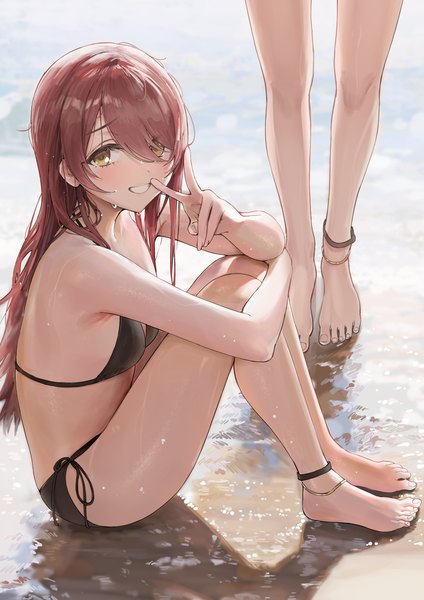Anime picture 1200x1697 with idolmaster idolmaster shiny colors oosaki tenka ame (uten cancel) long hair tall image looking at viewer blush fringe breasts light erotic smile brown hair sitting multiple girls yellow eyes full body outdoors barefoot hair over one eye