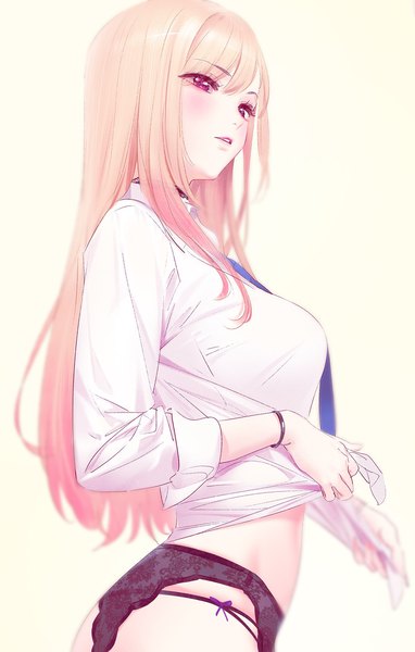 Anime picture 1200x1883 with sono bisque doll wa koi wo suru cloverworks kitagawa marin yd (orange maru) single long hair tall image blush fringe breasts light erotic simple background blonde hair hair between eyes large breasts standing white background payot looking away long sleeves