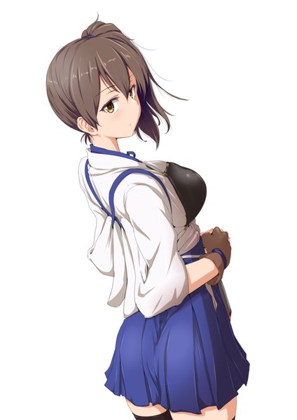 Anime picture 2893x4092 with kantai collection kaga aircraft carrier clearite single long hair tall image looking at viewer blush fringe highres light erotic simple background brown hair white background yellow eyes ponytail looking back side ponytail girl thighhighs