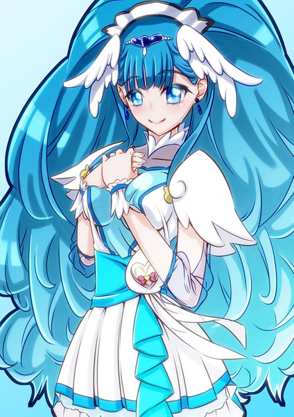 Anime picture 2894x4093 with precure hugtto! precure yakushiji saaya cure ange harueda single long hair tall image fringe highres blue eyes smile blue hair looking away hand on chest magical girl girl hair ornament earrings