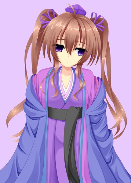 Anime picture 1072x1500 with touhou himekaidou hatate yoye (pastel white) single long hair tall image simple background brown hair purple eyes twintails ahoge girl ribbon (ribbons) hat