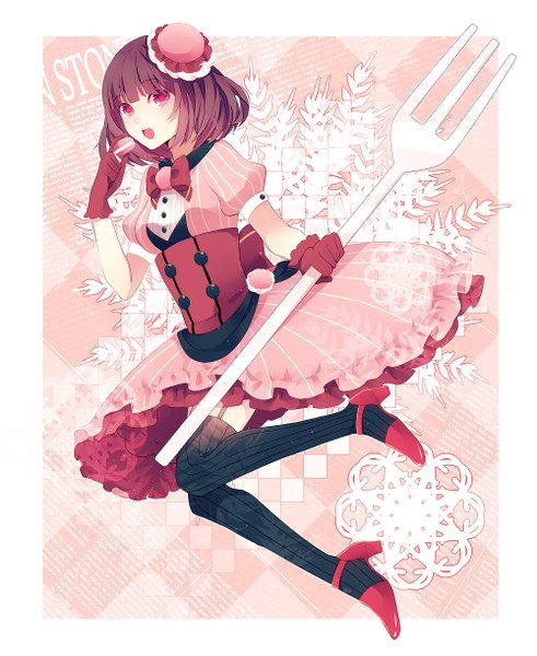 Anime picture 1000x1222 with original achiki single tall image looking at viewer short hair open mouth brown hair full body :d border pink background eating girl thighhighs dress gloves black thighhighs hat food