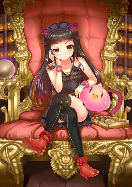 Anime picture 706x1000 with kowagari maou to kodoku na yuusha arudehido long hair tall image looking at viewer black hair brown eyes animal ears tail animal tail cat ears cat girl cat tail crossed legs girl thighhighs black thighhighs shoes armchair