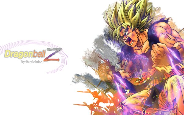 Anime picture 1920x1200 with dragon ball dragon ball z son goku single highres short hair open mouth blue eyes blonde hair wide image white background signed inscription wallpaper torn clothes muscle spiked hair boy fist