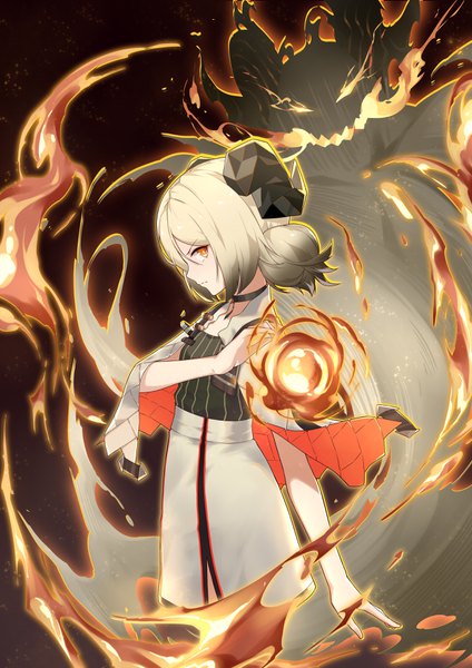 Anime picture 2480x3508 with arknights ifrit (arknights) jiusan naitan single tall image looking at viewer highres short hair blonde hair standing twintails profile horn (horns) orange eyes short twintails girl choker fire
