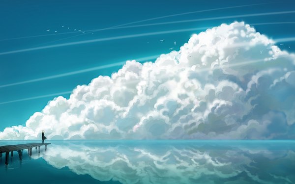 Anime-Bild 2560x1600 mit original anndr (artist) highres blonde hair wide image sky cloud (clouds) wallpaper reflection landscape scenic girl animal water bird (birds) pier