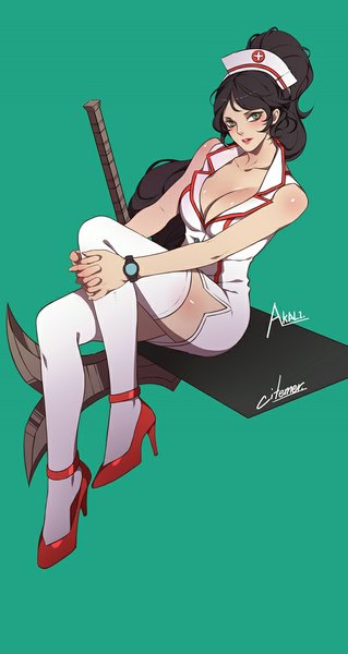 Anime picture 545x1024 with league of legends akali (league of legends) gu-ko citemer single long hair tall image looking at viewer breasts light erotic black hair simple background large breasts green eyes ponytail high heels nurse girl thighhighs uniform weapon