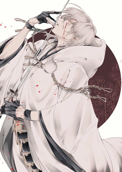 Anime picture 1240x1748 with touken ranbu nitroplus tsurumaru kuninaga zabeo0125 single tall image looking at viewer fringe short hair open mouth simple background hair between eyes standing white background holding yellow eyes silver hair traditional clothes head tilt japanese clothes