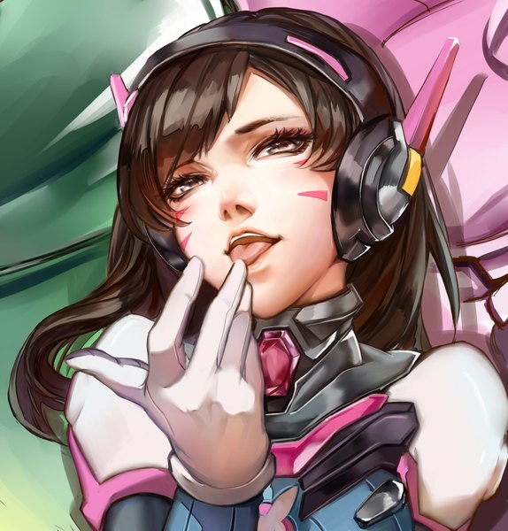 Anime picture 2031x2125 with overwatch blizzard entertainment d.va (overwatch) meka (overwatch) yaya (shizuku) single long hair tall image fringe highres open mouth brown hair brown eyes upper body shadow facial mark whisker markings licking finger licking girl