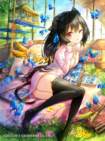 Anime picture 666x900 with fuumi (radial engine) single long hair tall image light erotic black hair red eyes sitting holding animal ears tail animal tail one eye closed wink cat ears cat tail no shoes legs fantasy girl