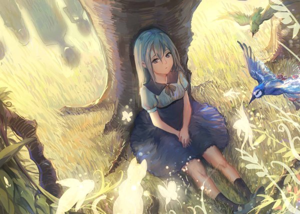 Anime picture 1400x1000 with original sishenfan single long hair looking at viewer fringe hair between eyes sitting purple eyes blue hair from above shadow puffy sleeves hands clasped silhouette against tree girl dress bow plant (plants)