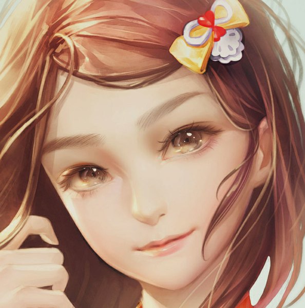 Anime picture 792x801 with original orry single long hair tall image looking at viewer smile brown hair brown eyes wind girl hair ornament hairclip