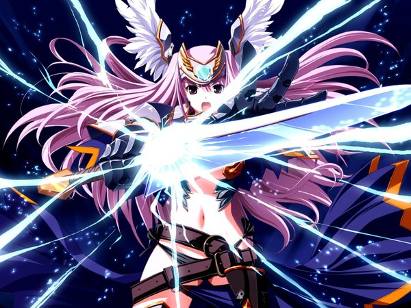 Anime picture 1600x1200 with shirogane no soleil skyfish (studio) hagall valkyr tsurugi hagane single long hair looking at viewer open mouth light erotic pink hair game cg floating hair head wings glowing weapon girl navel underwear panties weapon sword