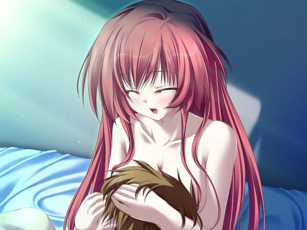 Anime picture 1600x1200 with magus tale whirlpool (studio) seera finis victoria tenmaso long hair blush short hair breasts open mouth light erotic brown hair pink hair game cg night topless girl boy bed