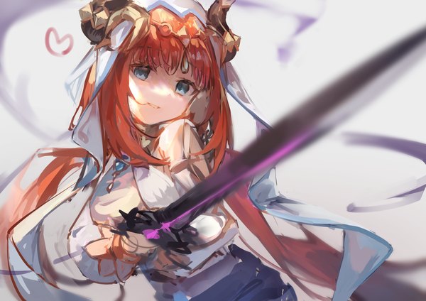 Anime picture 3508x2480 with genshin impact nilou (genshin impact) yu hydra single long hair looking at viewer fringe highres blue eyes simple background white background holding absurdres upper body red hair horn (horns) sketch empty eyes girl weapon