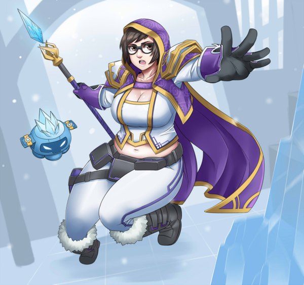 Anime picture 2500x2353 with overwatch dota 2 (game) blizzard entertainment mei (overwatch) snowball (overwatch) mei-ling zhou (overwatch) exaxuxer single highres short hair open mouth blue eyes black hair grey eyes cosplay girl gloves navel glasses boots