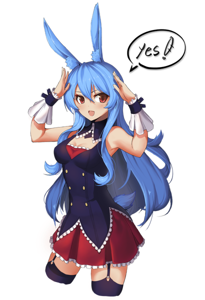 Anime picture 1000x1464 with mondaiji-tachi ga isekai kara kuru sou desu yo? kurousagi (mondaiji) [saw] single long hair tall image looking at viewer blush fringe open mouth smile hair between eyes red eyes animal ears blue hair looking away :d arms up bunny ears bunny girl